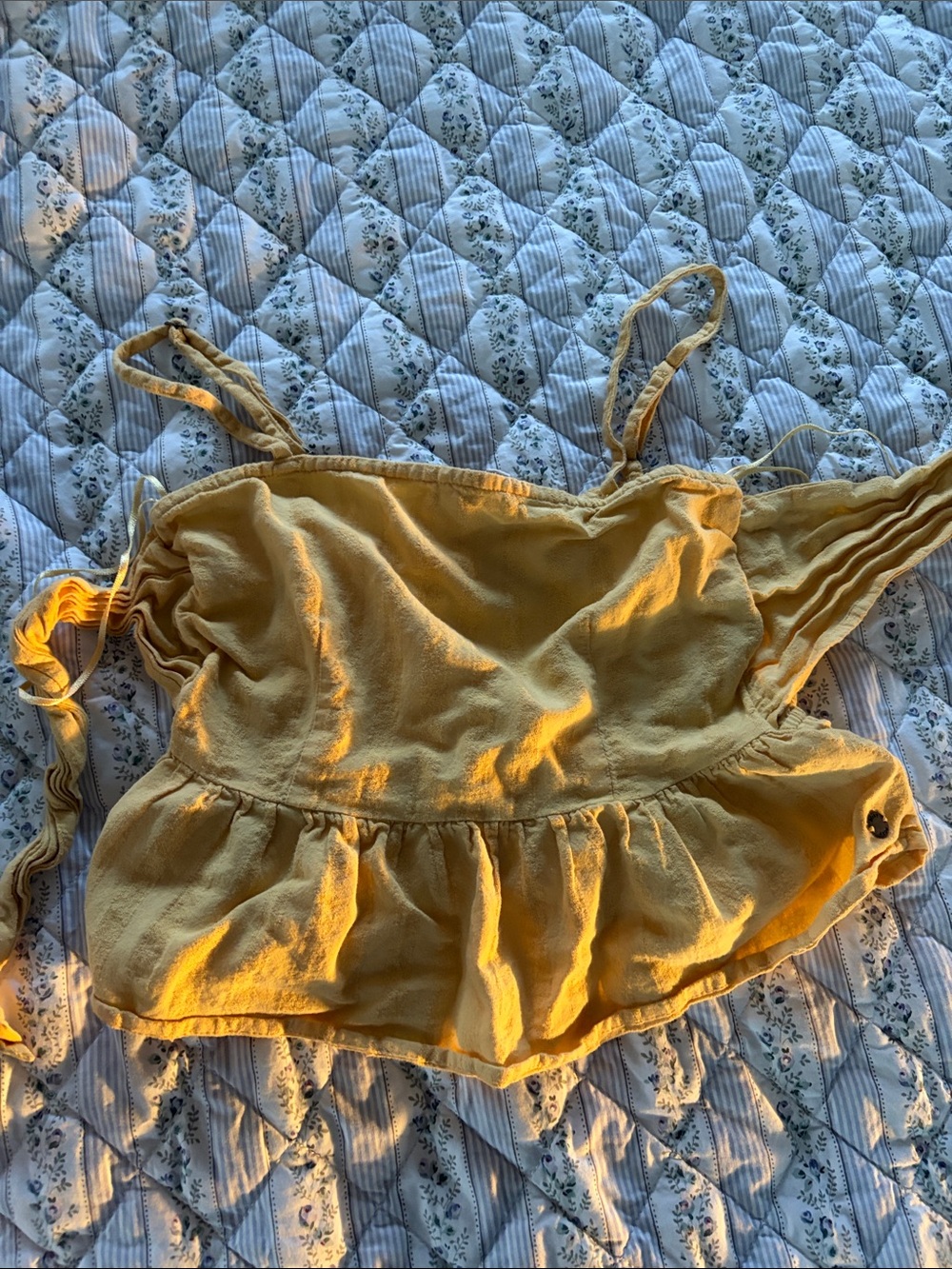 Roxy Yellow Smocked Tie-Shoulder Crop Top with Ruffle Trim
